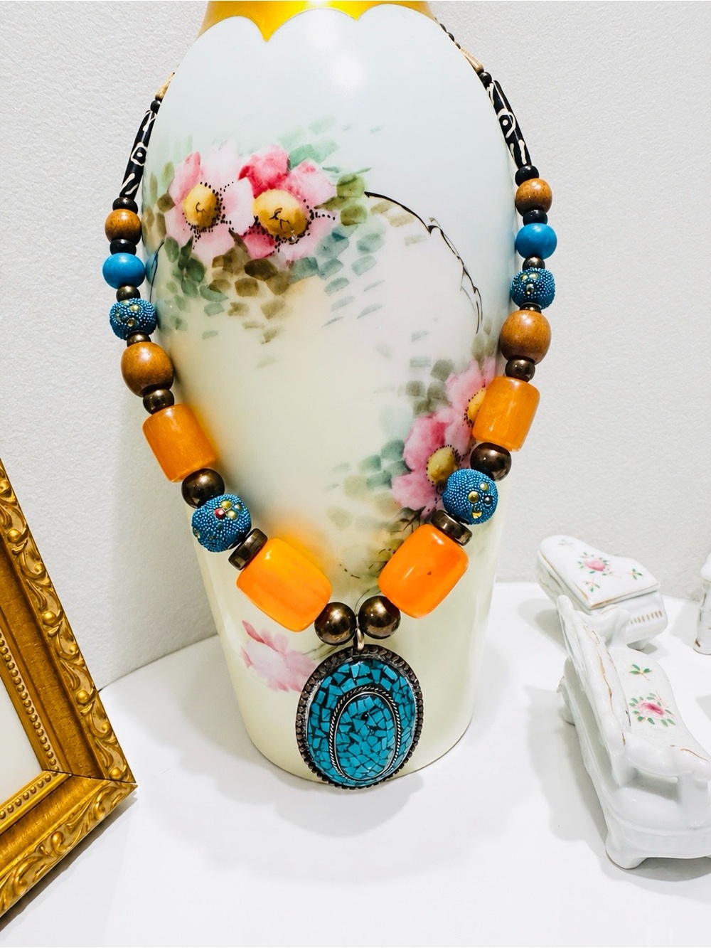 Bold Turquoise & Orange Beaded Pendant Necklace - Picture 3 of 6